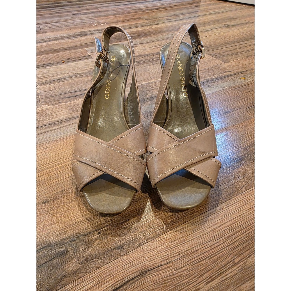 Franco Sarto Tan Leather Slingback Sandals Crisscross Block Heel Platform 7.5 8